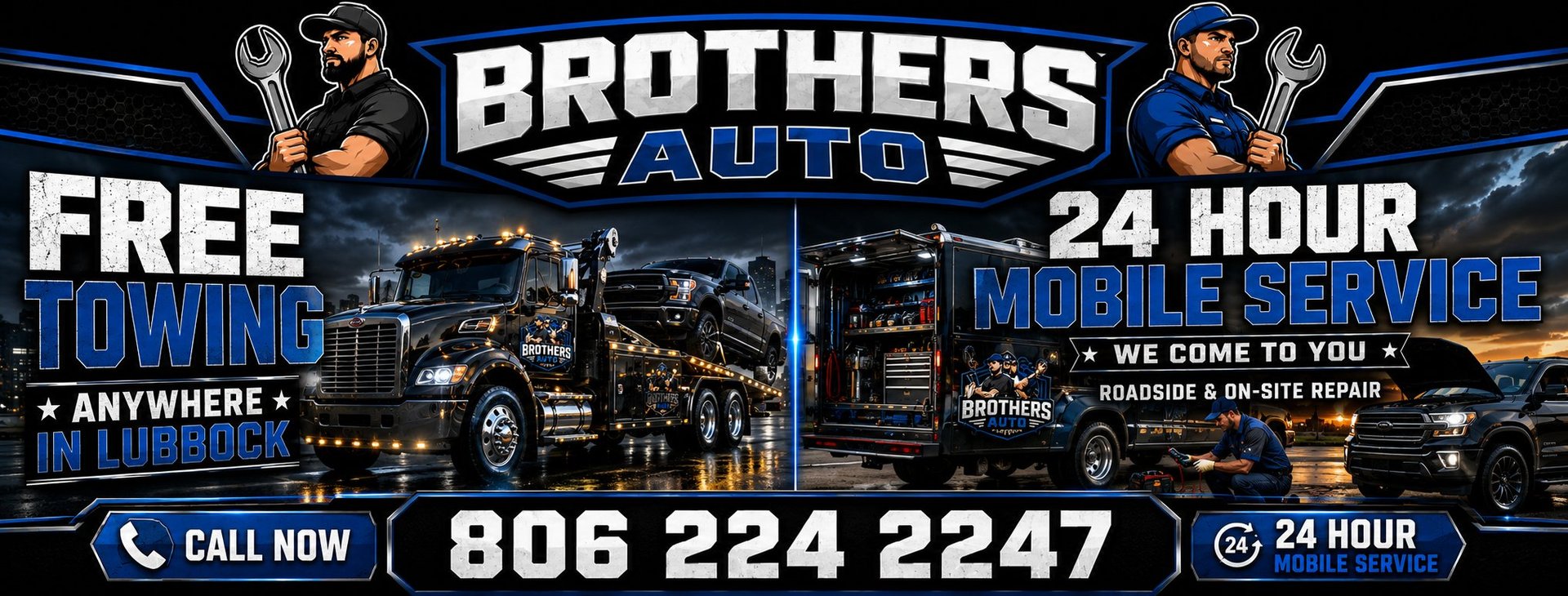 Brothers Auto Care shop front in Lubbock TX offering 24-hour towing and free A/C checks